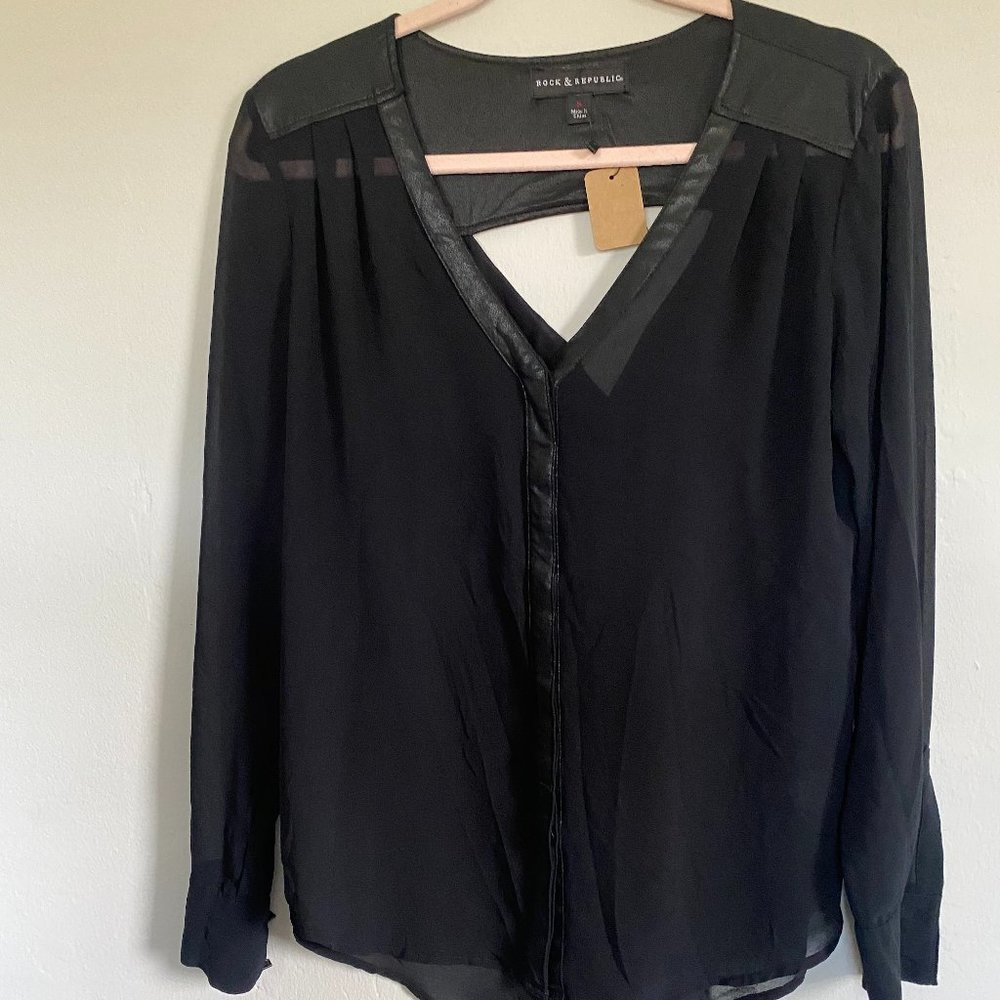 Rock & Republic Black Sheer Top with Leather detail - Size Small